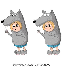 Illustration of a little redhead girl in a wolf costume with teeth. Vector illustration girl wearing costume for halloween or costume party