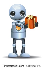 illustration of a little robot giving present on isolated white background