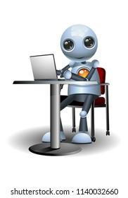 illustration of a little robot using laptop on desk on isolated white background