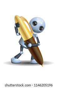 illustration of a little robot writing using pen on isolated white background
