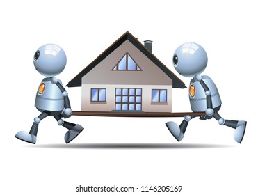 illustration of a little robots moving small house on isolated white background