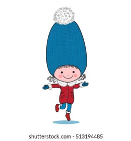 Illustration of little running girl in big winter knitted cap on white background