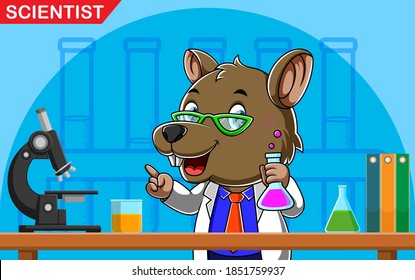 The illustration of the little scientist mouse holding the chemical liquid in the laboratory
