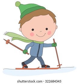 Illustration of a little skiing boy on a white background. 