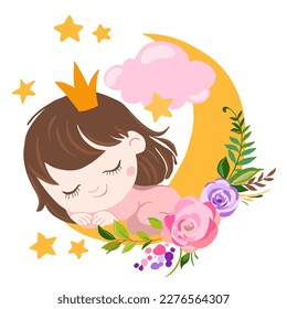 Illustration of a little sleeping baby. Little beautiful girl fell asleep in the flowers. Sleeping Beauty.