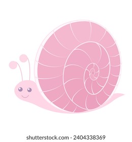 Illustration of little smiling cute snail in pink colors isolated on white. Print for kids clothes.