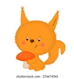 Illustration of a little squirrel with a big orange-cap boletus on the white background. The squirrel is mushrooming.