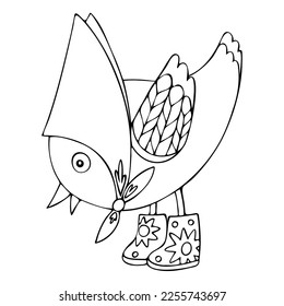 Illustration of little styled bird in rubber boots and headscarf looking down attentive and carefully with open beak. For kids coloring book.