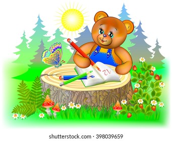 Illustration of little teddy bear learning to write, vector cartoon image.