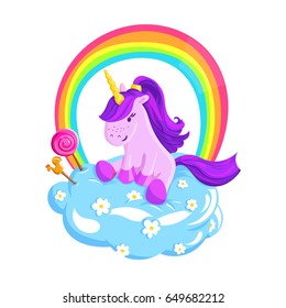 Illustration of little unicorn sitting on the cloud with daisies under the rainbow