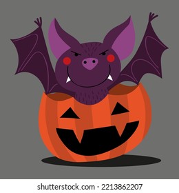Illustration of a little vampire coming out of a pumpkin