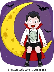 Illustration of a Little Vampire Sitting on the Moon