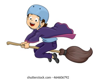 Illustration of a Little Warlock Wearing a Helmet While Riding a Broomstick