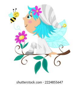 Illustration little white fairy sitting branch   looking at bee
