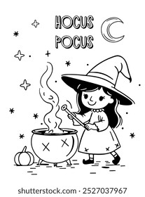 Illustration of a little witch brewing a magic potion in a cauldron. Black and white illustration in doodle style for coloring page. Hocus Pocus. Halloween party activities