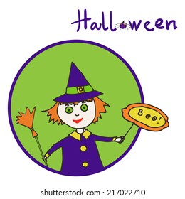 Illustration of little witch with a broom and a sign that says boo.