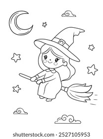 Illustration of a little witch flying on a broom in the night. Black and white doodle style illustration for coloring. Spooky vibes. Halloween party activities