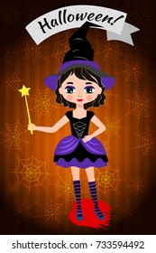 Illustration with little witch on Halloween Party on the bright background with spiderweb and stripes. Witch holds magic wand, she wears black dress and stockings. Illustration with ribbon and title