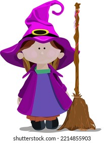 illustration of a little witch, with a purple magic hat, and a broomstick