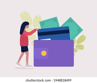 Illustration of a little woman with a big credit card and wallet.
Vector illustration in a flat style