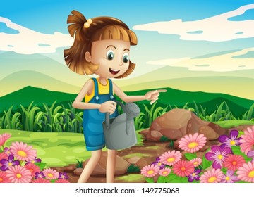 Illustration of a little woman watering the plants