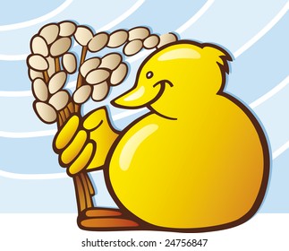 Illustration of little yellow easter chick with catkin