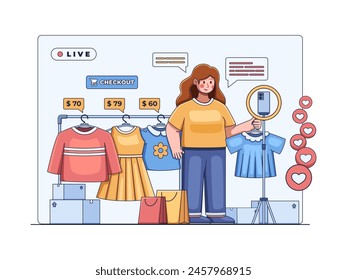 Illustration of live commerce or livestreaming selling, with a person showcasing products to the viewer and interacting in real-time. 
brings together entertainment and retail in a digital experience