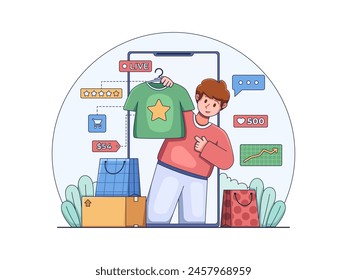 Illustration of live commerce or livestreaming selling, with a person showcasing products to the viewer and interacting in real-time. 
brings together entertainment and retail in a digital experience