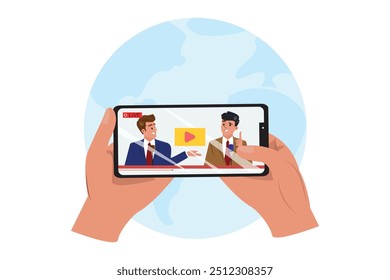 Illustration of a live stream debate on a smartphone, featuring two male speakers in suits