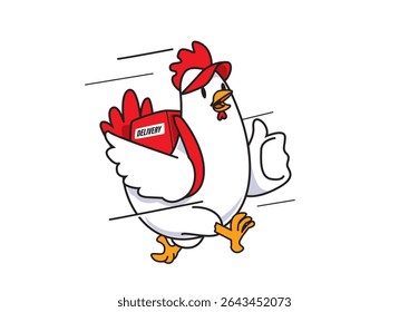 Illustration of a lively cartoon chicken character wearing a delivery cap and bag, enthusiastically running with a thumbs up, embodying the spirit of fast food delivery