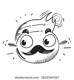 Ilustração de um rosto animado de desenho animado com expressões exageradas e estilo divertido único. Enfatiza a criatividade e as características de caráter humorístico com esboços arrojados e energéticos.