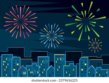 Illustration of a lively cityscape with fireworks at night