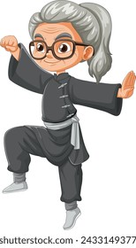 Illustration of a lively elderly woman doing kung fu.