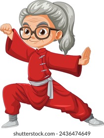 Illustration of a lively elderly woman doing kung fu.