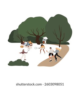illustration of a lively park with diverse people enjoying a picnic, jogging, and playing badminton. Scenic outdoor setting with trees, walking paths, and relaxed atmosphere. Flat vector illustration.