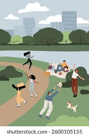 Illustration of lively park with people jogging, walking dogs, playing and relaxing. Scenic background with trees, pathways, and an urban skyline. Community outdoor activity. Flat vector illustration.