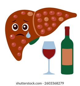 Illustration of Liver Cirrhosis Linked to Alcohol Consumption on a White Background