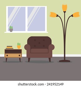 Illustration of a living room arrangement with armchair, reading lamp, side table, vector