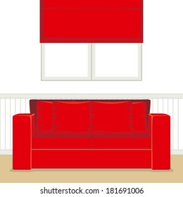 Illustration of a living room with comfortable red sofa and curtains