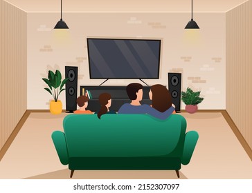 Illustration with living room design with sitting family. Cartoon people vector illustration