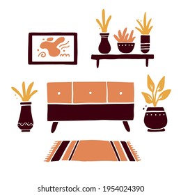 Illustration of living room with furniture, chest of drawers, house plant, shelf, carpet. Simple trendy flat style. Concept for interior apartment design.