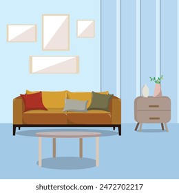 Illustration of living room interior brown sofa blue wallpaper for template background