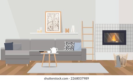 Illustration living room interior with painting and fireplace and grey corner settee.