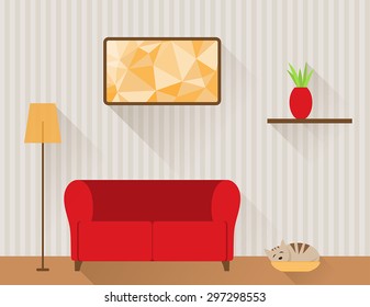 Illustration of the living room with red sofa and cat in basket. Flat design style.