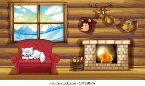 Illustration of a living room with stuffed animal head decors