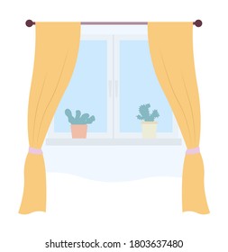 Ilustración de la ventana de la sala de estar con cortinas amarillas y macetas en la ilustración vectorial de la ventana. Vista interior del apartamento con luz natural, cortinas colgadas de un cornisa