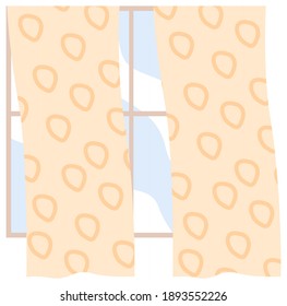 Illustration of living room window with yellow curtains fluttering in the wind with blue sky on the background. Inside view of the interior apartment with daylight, curtains hang on a cornice