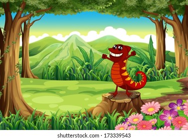Ilustración de un lagarto sobre el trozo en el bosque