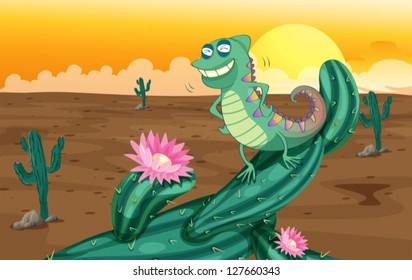 Illustration of a lizard and the cactus plants