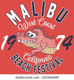 Illustration lizard with college design, text Malibu West Coast Beach Festival, Varsity style.